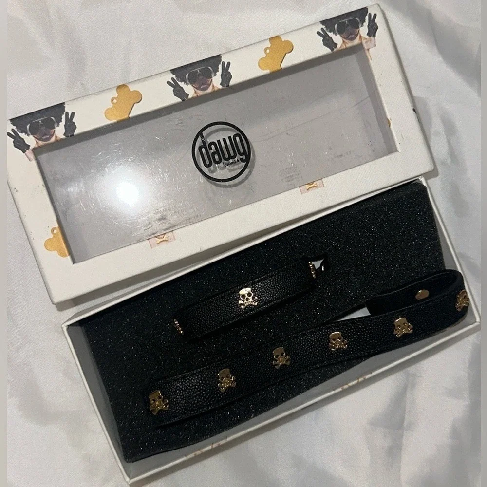 Erimish Dawg Marty Black Leather Skull Bracelet and Dog Collar Set Gold Hardware